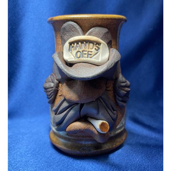 Unique Handmade Stoneware Hands Off Cowboy Mug Signed Mahon - Picture 1 of 8